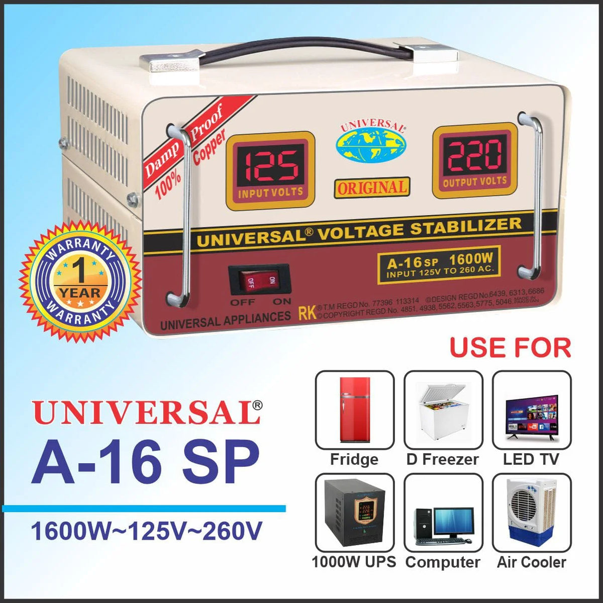 Condensor Stablizer Universal Stablizer A16SP 1600 WATTS – SULTANI SOLAR ENERGY