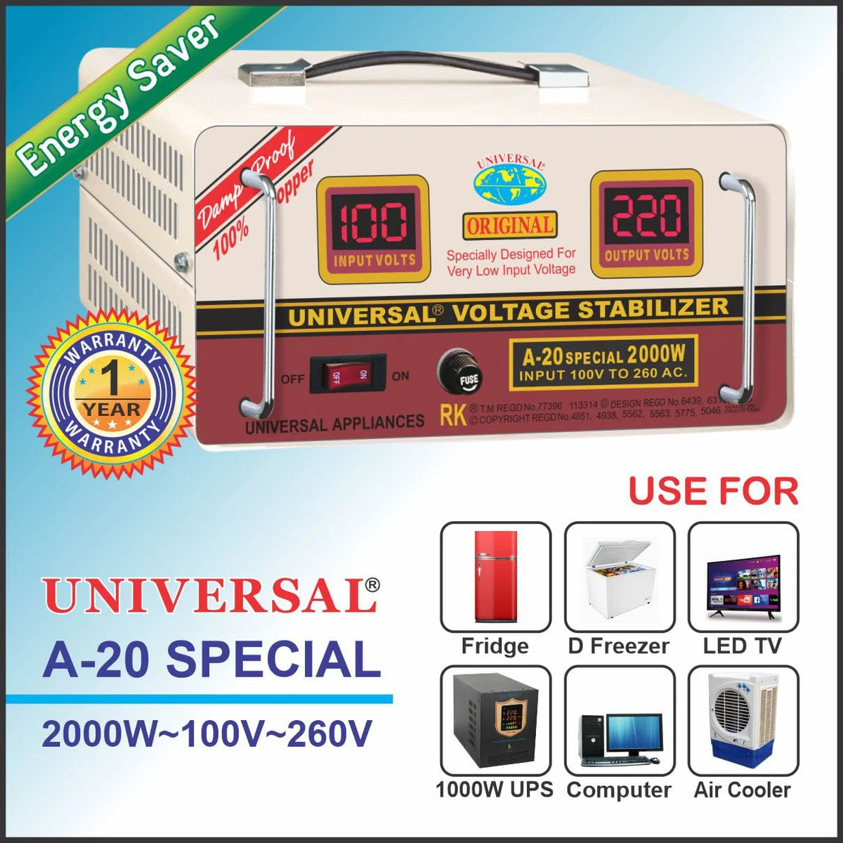 Universal Stabilizer A20SP(ENERGY SAVER) 2000 WATTS